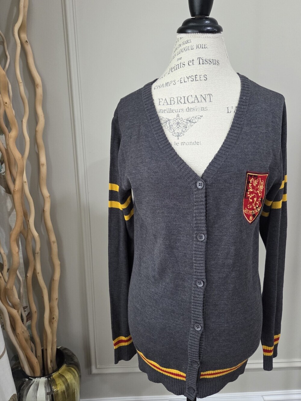 Harry Poter Charcoal V-Neck Cardigan Sweater with Gold Stripe Detail Sz.M Junior